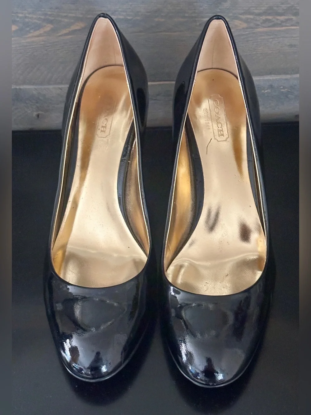 Coach Black Patent Leather High-Heel Pumps with Gold Insole • Size 7.5 • EUC